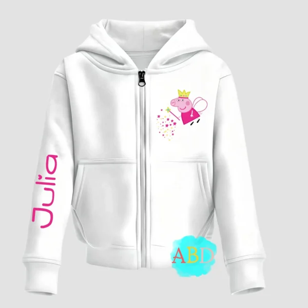 Girls Personalised Peppa Pig White Zip-up Hoodie Printed
